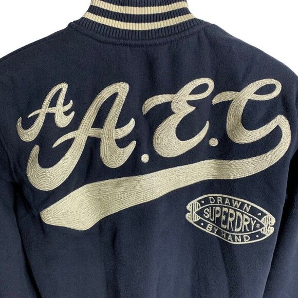 Superdry Varsity Bomber Jacket L Blue Embroidered Snaps Pockets Fleece Lined - Picture 6 of 8